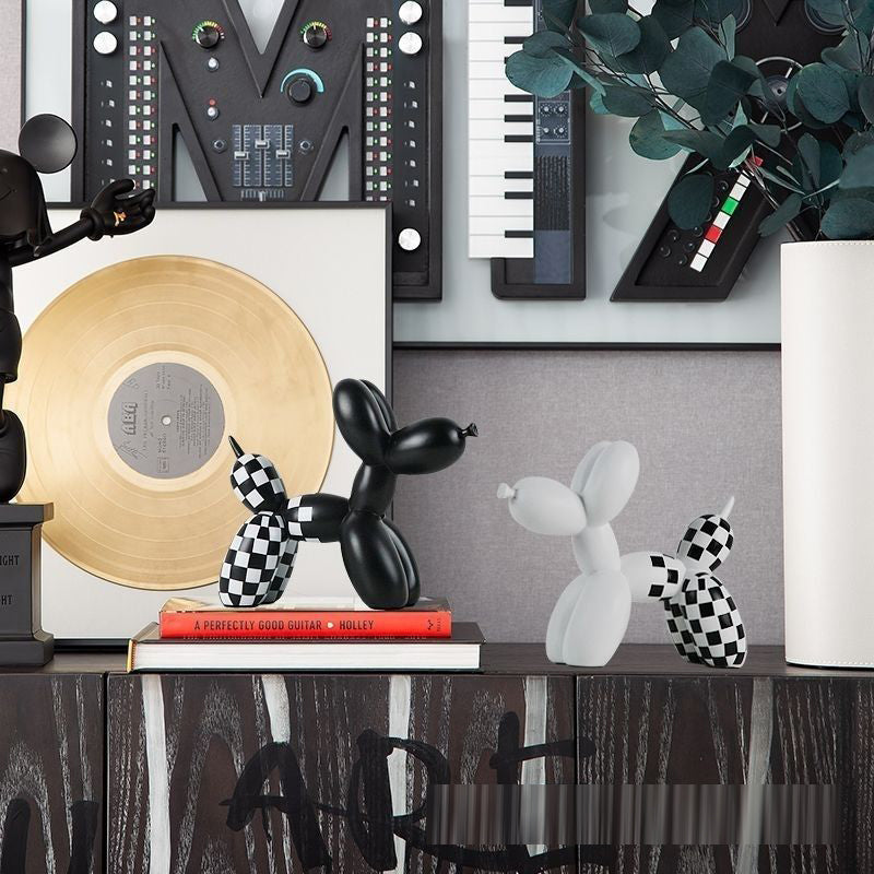 Nordic-inspired Modern Cross-Border Black-and-White Checkered Balloon Dog Ornament Home Decor Soft Furnishings Living Room Accessory Resin Craftwork